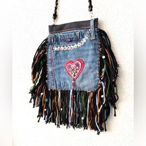 Upcycling Denim Crossbody bag, Handmade Beaded Fringed Bohemian Hippie bag